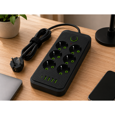 Сетевой фильтр (удлинитель) / Power — Socket F06U 6 розеток 4 USB + Type-C черный 26X-211 / Сетевой удлинитель розеток