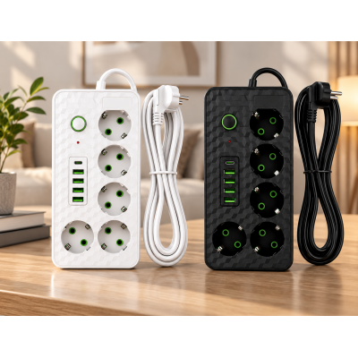 Сетевой фильтр на 5 розеток HG-2505 / Удлинитель на 2м 4×USB+Type-C черный / Фильтр сетевой 2500Вт