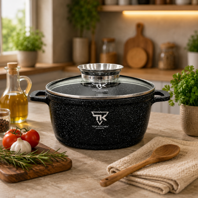 Черная Кастрюля Top Kitchen с мраморным покрытием и стеклянной крышкой TK00051 20 см 2,1л