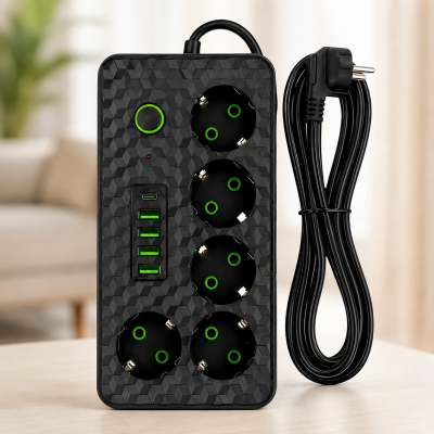 Черный Сетевой фильтр на 5 розеток HG-2505 / Удлинитель на 2м 4×USB+Type-C черный / Фильтр сетевой 2500Вт