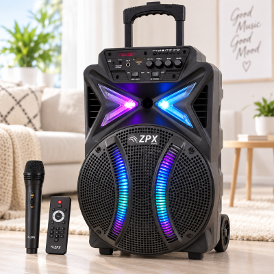 Портативная акустическая система ZPX ZX-7782 12" / Аккустическая система Bluetooth, USB, TF/SD, FM Переносная аккумуляторная колонка с RGB LED-подсветкой + микрофон и пульт