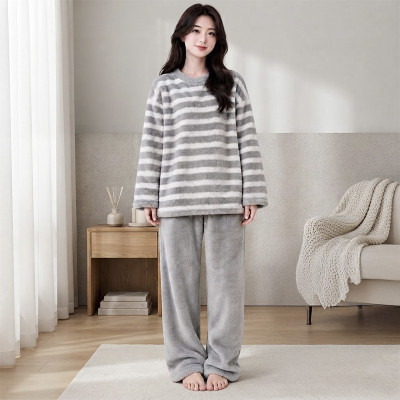 Комплект женской пижамы Stripes Серый рубашка с длинным рукавом и штанами одежда для дома теплый флисовый L