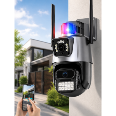 Уличная охранная поворотная WIFI камера Dual Lens Zoom 8MP сирена, зум,  удаленным доступом онлайн