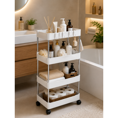 Этажерка на колесах 4 полки напольная белая Storage rack  AND906