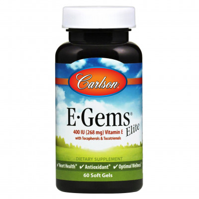 Вітамін Е, E-Gems Elite, Carlson, 268 мг (400 МО), 60 гелевих капсул