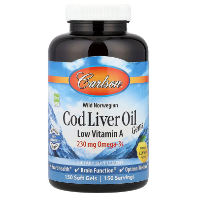 Риб'ячий жир з печінки тріски, Cod Liver Oil, Carlson, лимон, з низьким вмістом вітаміну А, норвезький, 230 мг, 150 гелевих капсул