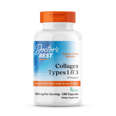 Колаген 1 і 3 типу, Types 1 and 3 with Peptan, Doctor's Best, з пептаном та вітаміном C, 500 мг, 240 капсул (125 мг у капсулі)