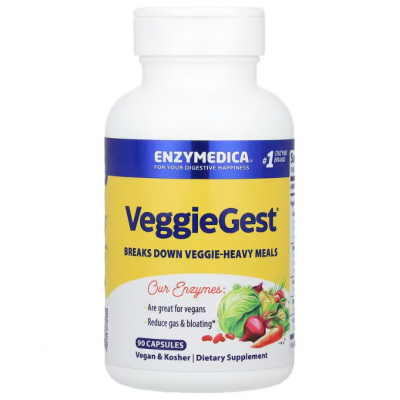 Ферменти для травлення, VeggieGest, Enzymedica, для перетравлення рослинної клітковини, 90 капсул