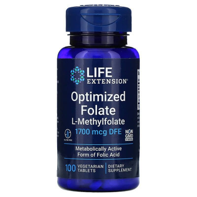Фолат, Optimized Folate, Life Extensions, оптимізований, 1700 мкг DFE, 100  вегетаріанських таблеток