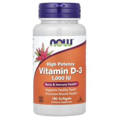 Вітамін D-3, Vitamin D-3, NOW Foods, високоефективний, 1000 МО, 180 гелевих капсул