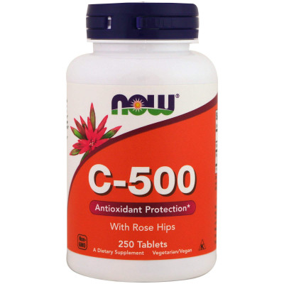 Вітамін С-500, Vitamin C With Rose Hips, Now Foods, з плодами шипшини, 250 таблеток