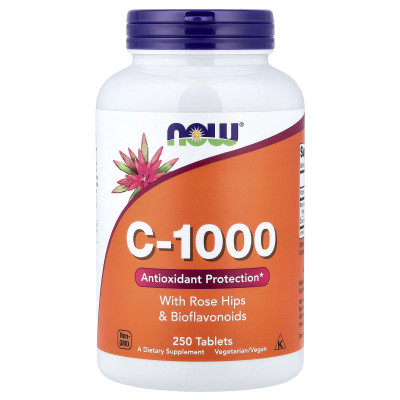 Вітамін С-1000, C-1000, Now Foods, з шипшиною та біофлавоноїдами, 250 таблеток