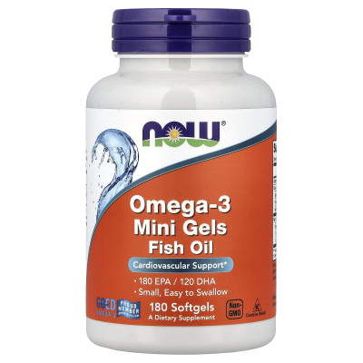 Омега-3, Omega-3 Mini Gels, Now Foods, 180 ЕПК/120 ДГК, 180 гелевих капсул