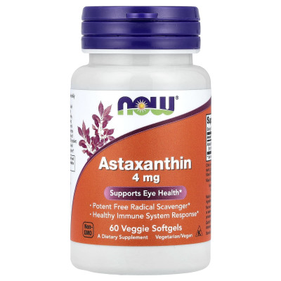 Астаксантин, Astaxanthin, NOW Foods, 4 мг, 60 вегетаріанських гелевих капсул