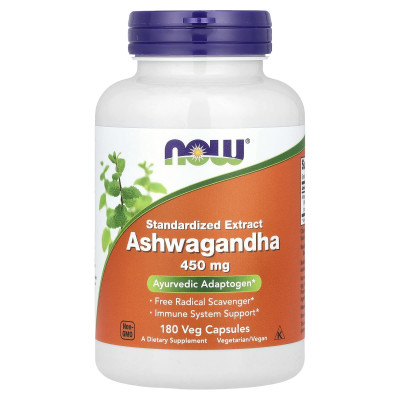 Ашваганда, Ashwagandha, Now Foods, стандартизований екстракт, 450 мг, 180 вегетаріанських капсул