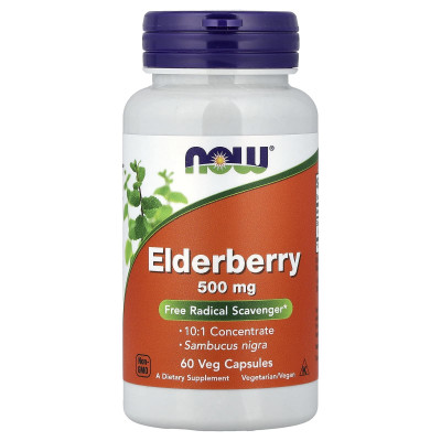 Бузина, Elderberry, Now Foods, 500 мг, 60 вегетаріанських капсул
