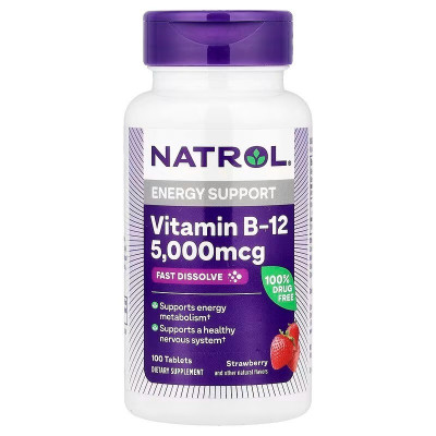 Вітамін В12, смак полуниці, Vitamin B-12, Natrol, 5000 мкг, 100 таблеток