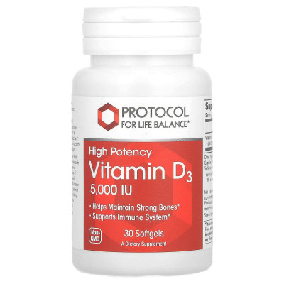 Вітамін D3, Vitamin D3, Protocol for Life Balance, висока ефективність, 5000 МО, 30 гелевих капсул