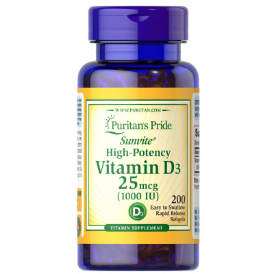 Вітамін D3, Vitamin D3, Puritan's Pride, 25 мкг (1000 МО), 200 гелевих капсул