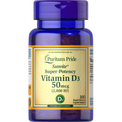 Вітамін D3, Vitamin D3, Puritan's Pride, 2000 МО, 100 гелевих капсул