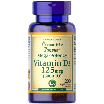 Вітамін D3, Vitamin D3, Puritan's Pride, 125 мкг (5000 МО), 200 капсул