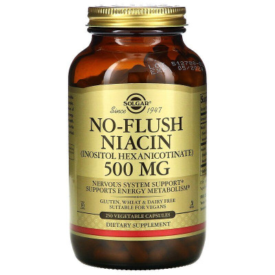 Ніацин, No-Flush Niacin, Solgar, не викликаючий почервоніння, 500 мг, 250 вегетаріанських капсул