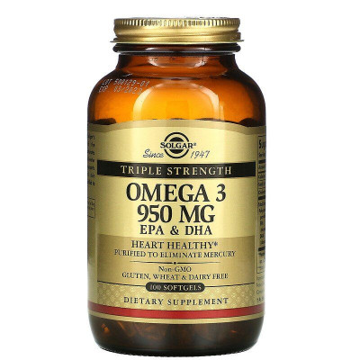 Омега-3, риб'ячий жир, Omega-3, EPA & DHA, Solgar, потрійна сила, 950 мг, 100 гелевих капсул