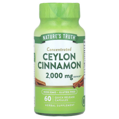 Кориця цейлонська, Concentrated Ceylon Cinnamon, Nature's Truth, концентрована, 2000 мг, 60 капсул швидкого вивільнення