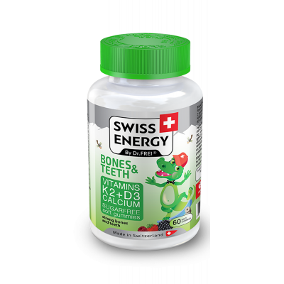 Здоров'я кісток та зубів, для дітей від 3 років, BONES & TEETH Vitamins K2, D3, Calcium, Swiss Energy, без цукру, 60 жувальних цукерок