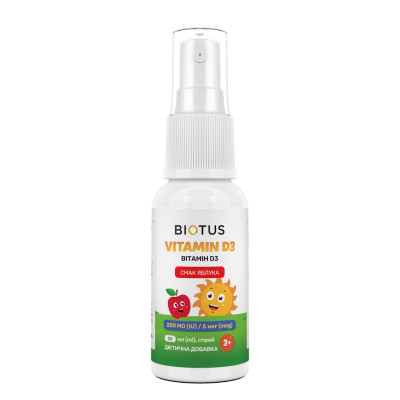 Вітамін D3, Vitamin D3, Biotus, спрей для дітей, смак яблука, 200 МО/5 мкг, 30 мл
