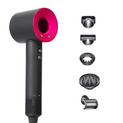 Фен  с 5 разными насадками для сушки и укладки  hair dryer fan серо-розовый