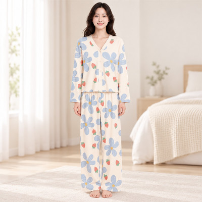 Комплект женской пижамы Blue flower рубашка с длинным рукавом и штанами одежда для дома M
