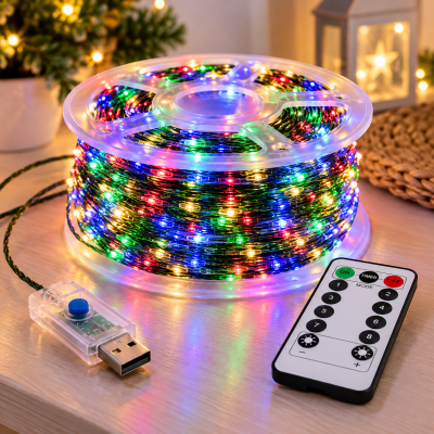 Гирлянда Роса 100 м 1000 LED разноцветная MULTI / Гирлянда с USB и пультом ДУ, зеленая проволока / LED-декор