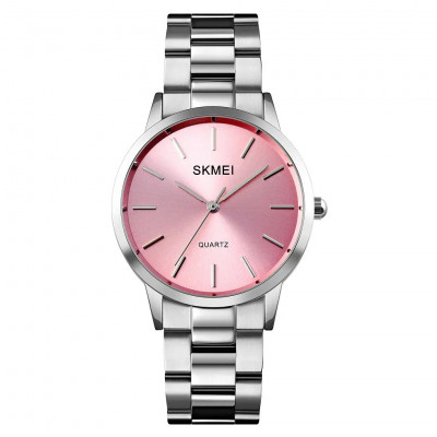 Жіночий годинник Skmei 1694PK Pink зі сріблястим металевим браслетом та рожевим циферблатом