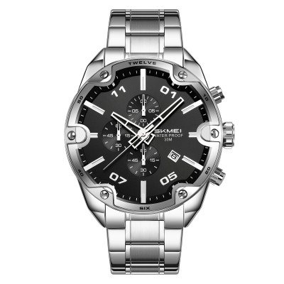 Чоловічий годинник Skmei 9387SIBK Silver-Black зі сріблястим браслетом та хронографом