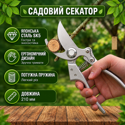 Секатор садовый ручной HY-690 с фиксатором эргономичной ручкой металлический