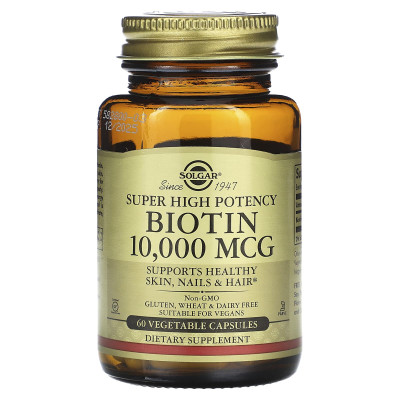 Біотин, Biotin, Super High Potency, Solgar, висока ефективність, 10000 мкг, 60 капсул