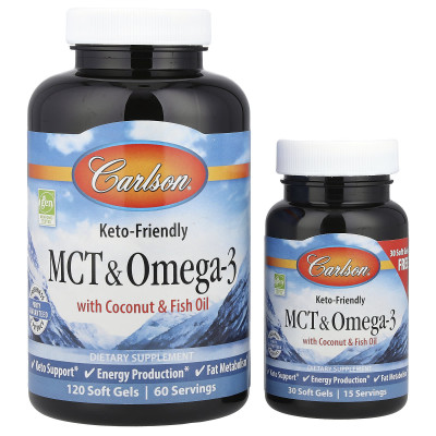 МСТ і Омега-3, MCT & Omega-3, Carlson, 120 гелевих капсул + 30 капсул безкоштовно