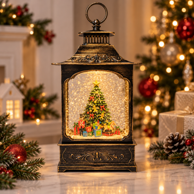 Ночник XMAS WDL-24061D «Винтажный фонарь» 31 см / Новогодний фонарь с LED-подсветкой и эффектом снега