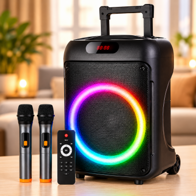 Портативная Bluetooth-колонка Wireless Speaker TTD-1209 / Акустическая ситсема 12" с RGB-подсветкой 40 Вт + 2 беспроводных микрофона