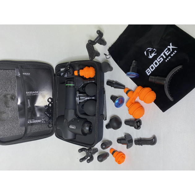 Новинка. Ударний перкусійний масажер з 30 режимами, 21 насадкою, батареєю 2500mAh та кейсом (Чорний)