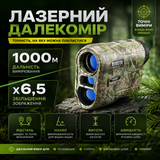 Профессиональный водонепроницаемый лазерный дальномер Boblov NK-1000 с измерением угла и скорости, дальность до 1000 метров.